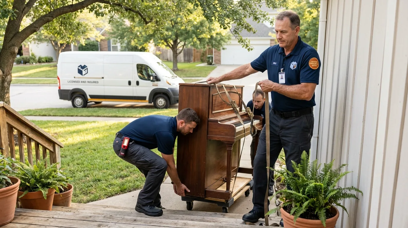 Licensed piano movers securing grand piano in Swannanoa, NC