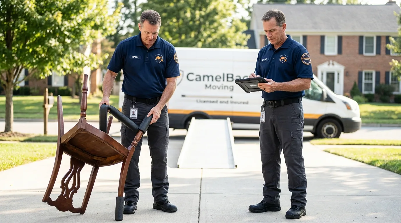 Movers inspecting furniture for damage prevention before loading in Swannanoa, NC
